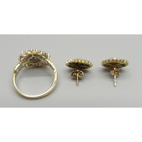 1108 - A 9ct gold and diamond ring and a pair of matching earrings, ring size Q, total weight 6.8g, ring to... 