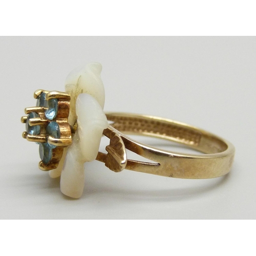 1121 - A 9ct gold, blue stone and spinning mother of pearl ring, 3.4g, L