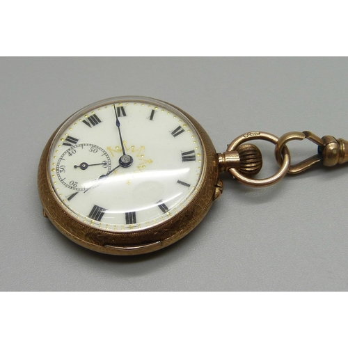 1125 - A lady's 9ct gold fob watch and a yellow metal hanging pin/brooch