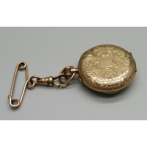 1125 - A lady's 9ct gold fob watch and a yellow metal hanging pin/brooch