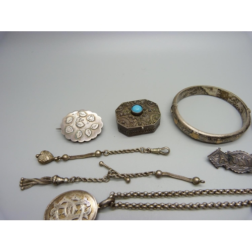 1156 - A Victorian silver name brooch, Annie, other Victorian jewellery, a silver bangle, a jet brooch and ... 