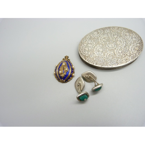 1162 - A Danish silver compact lacking glass, a Swedish silver brooch, a pair of Swedish silver cufflinks a... 