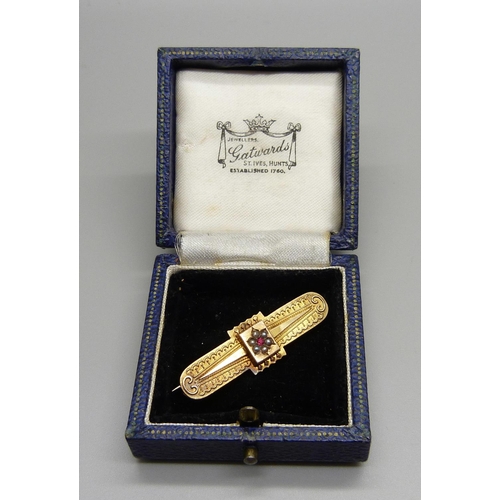 1178 - A Victorian 9ct gold, pearl and ruby brooch, Birmingham 1890, 2.3g with metal pin