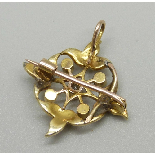 1188 - A yellow metal diamond and pearl pendant/brooch, tests as high carat gold, 3g