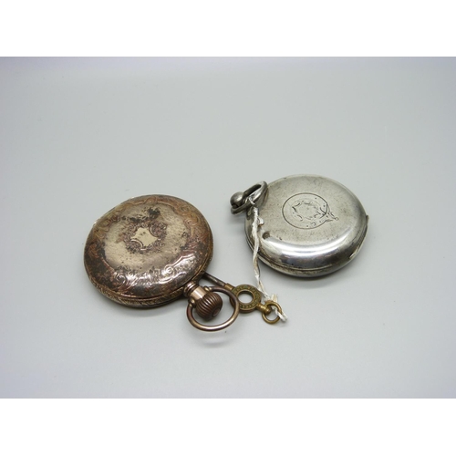 1189 - A plated Waltham full-hunter pocket watch and a silver pocket watch, a/f