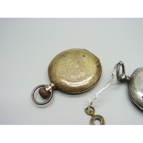 1189 - A plated Waltham full-hunter pocket watch and a silver pocket watch, a/f