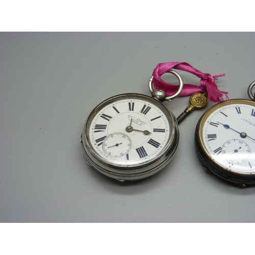 1197 - A silver pocket watch, a fine silver fob watch lacking loop and a gun metal cased pocket watch