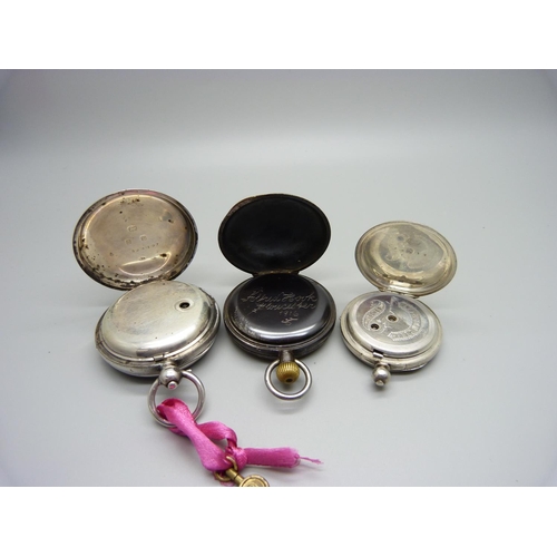 1197 - A silver pocket watch, a fine silver fob watch lacking loop and a gun metal cased pocket watch