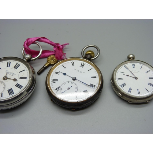 1197 - A silver pocket watch, a fine silver fob watch lacking loop and a gun metal cased pocket watch