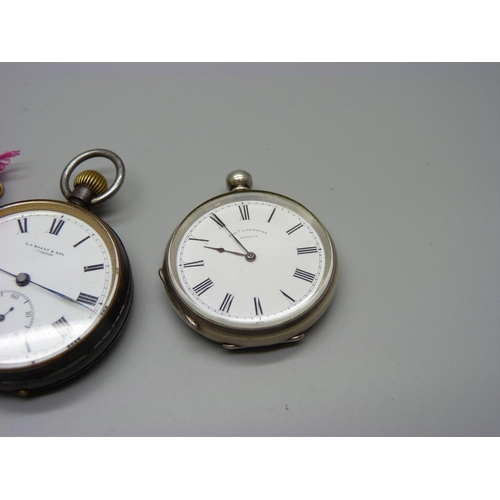 1197 - A silver pocket watch, a fine silver fob watch lacking loop and a gun metal cased pocket watch