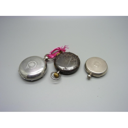 1197 - A silver pocket watch, a fine silver fob watch lacking loop and a gun metal cased pocket watch