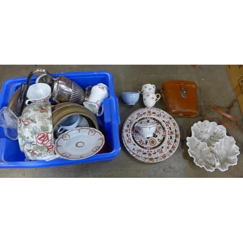 1269 - A silver plated spirit kettle, binoculars and china **PLEASE NOTE THIS LOT IS NOT ELIGIBLE FOR POSTI... 