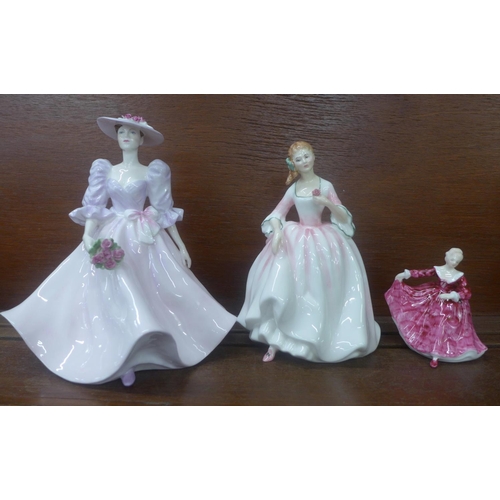 613 - A Coalport figure and two Royal Doulton figures