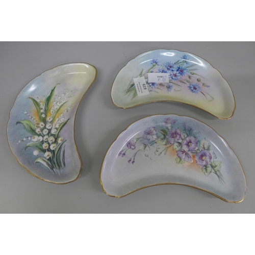 619 - Three hand painted curved trays by Shelley