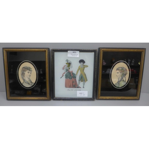 621 - Two Victorian portraits and a glass print, portraits 15.5cm wide