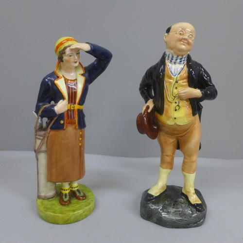 633 - A Royal Doulton Pickwick figure, a/f, head restored, and a Royal Crown Derby figure of a lady golfer