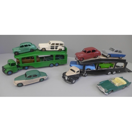 654 - Two Dinky Toys car transporters and model vehicles