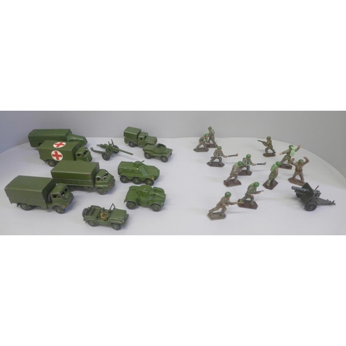 667 - Four boxed Dinky Toys military vehicles, other Dinky military vehicles and Lone Star plastic soldier... 