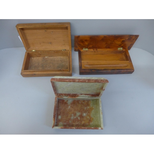 674 - A carved onyx box, a wooden box with metal inlay and a maple pen box/rest