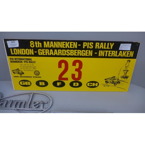 675 - A Daimler car badge, a Leyland Atlantean vehicle badge and a rally plate, 8th Manneken-Pis Rally, Lo... 