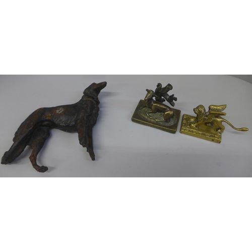 680 - A cast metal figure of a Borzoi, a/f and two brass figures, winged dog and lamb by a tree