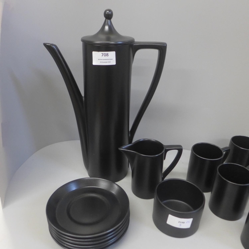 708 - A 1970's coffee set with coffee pot, milk jug, sugar bowl, six cups and six saucers