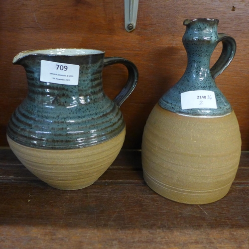 709 - A 1970's Anthony Richards Penderleath St. Ives pottery wine jug and four goblets, a/f