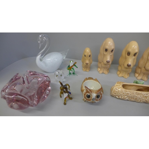 721 - Four Sylvac dogs, a small glass vase and dish, two glass animals, a Sylvac pixie on a log, a glass s... 