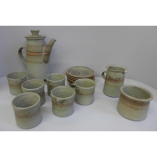 723 - 1970s studio pottery, Tony Gant Studio coffee service, pot, cream, sugar and six cups and saucers