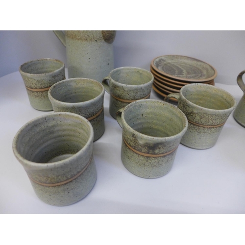 723 - 1970s studio pottery, Tony Gant Studio coffee service, pot, cream, sugar and six cups and saucers