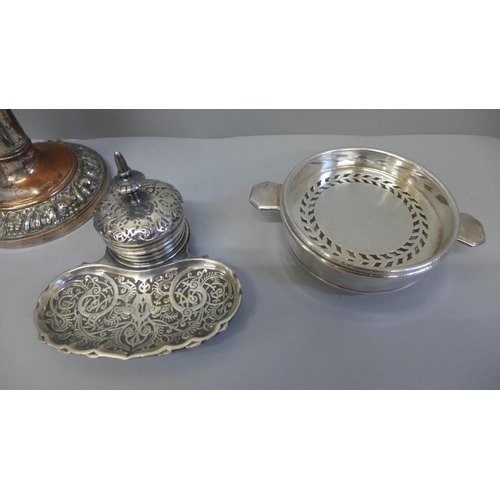 724 - A pair of circa 1830 cannon barrel candlesticks, a Mappin & Webb coaster and an inkwell