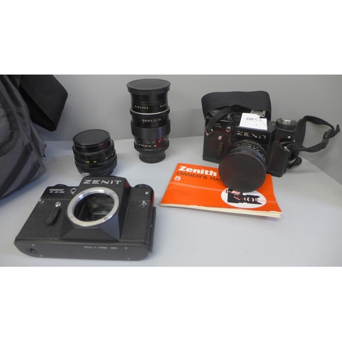 729 - A Zenit TTL camera with Pentacon auto 2.8/29 lens, a Zenit TTL camera body, a Pentacon 2.8/135 lens,... 