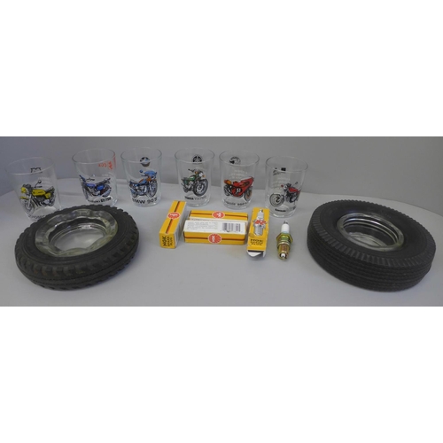 733 - Two tyre ashtrays including Firestone, six motorcycle glasses and spark plugs