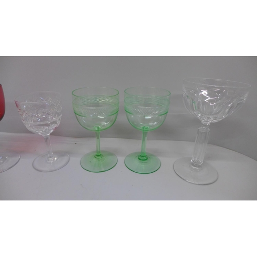 736 - Eight assorted 19th and 20th Century wine glasses, four with coloured glass