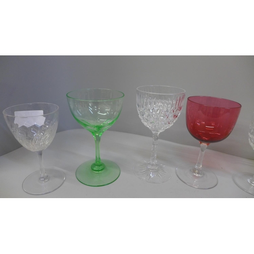 736 - Eight assorted 19th and 20th Century wine glasses, four with coloured glass