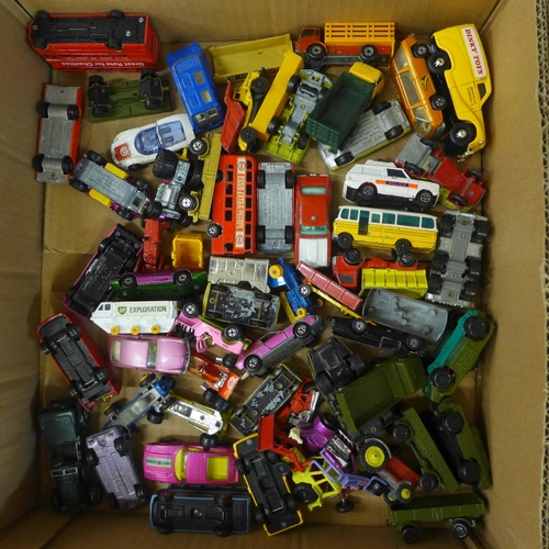 746 - Two boxes of die-cast model vehicles, lesney, Matchbox, etc., playworn