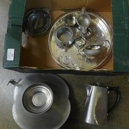 747 - A hammered pewter tea service, basket, ashtray, plated trays and napkin rings