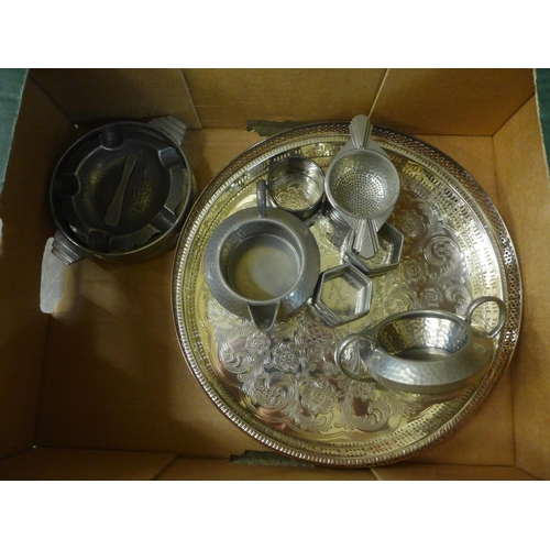 747 - A hammered pewter tea service, basket, ashtray, plated trays and napkin rings