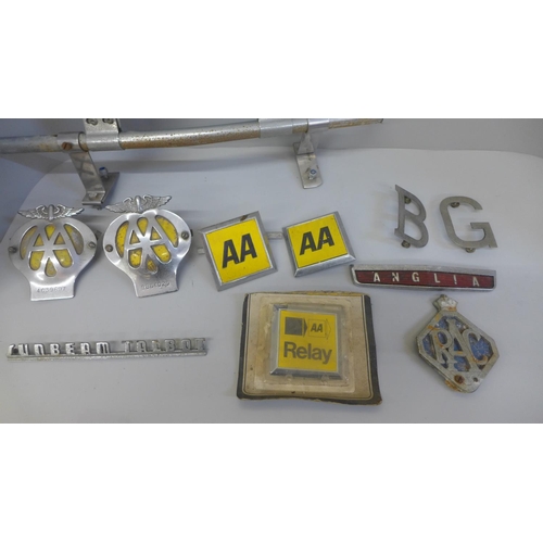 755 - AA car badges, a RAC badge, etc.