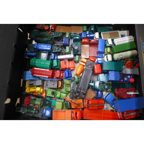 756 - Two boxes of die-cast model vehicles including Lesney, Matchbox and Dinky, some repainted and restor... 