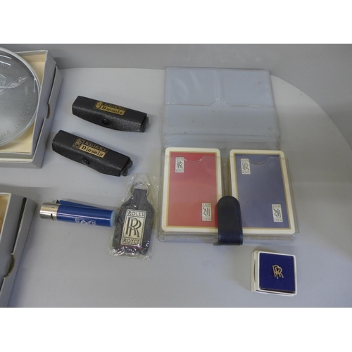 790 - Rolls-Royce related items, dishes, key ring, lighter, pin badge, playing cards, etc.