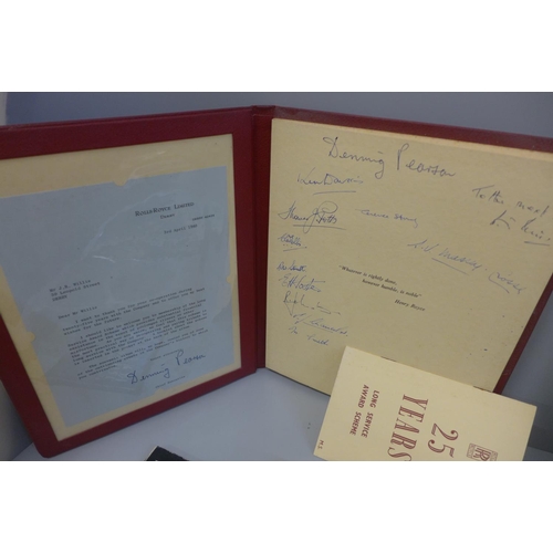 796 - Rolls Royce interest; a Long Service book signed by directors, dated 1965 and and four other related... 