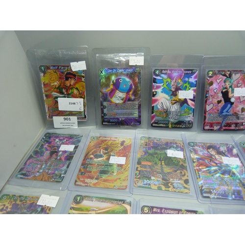 901 - Various holographic Dragonball Z trading cards in protective sleeves