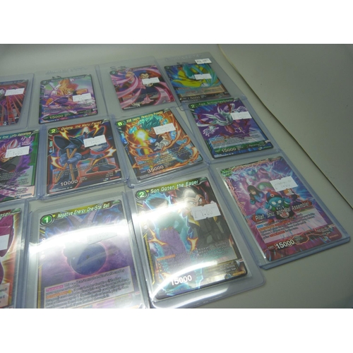 901 - Various holographic Dragonball Z trading cards in protective sleeves