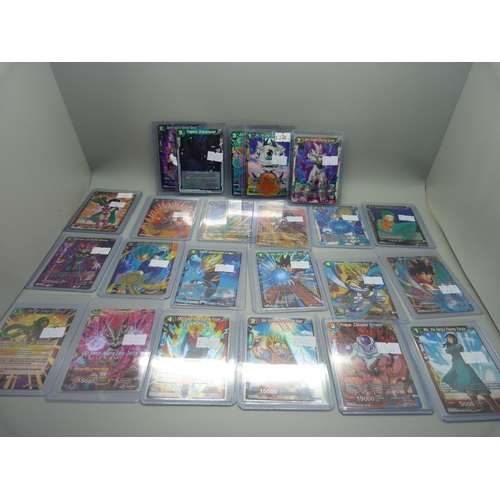 901 - Various holographic Dragonball Z trading cards in protective sleeves