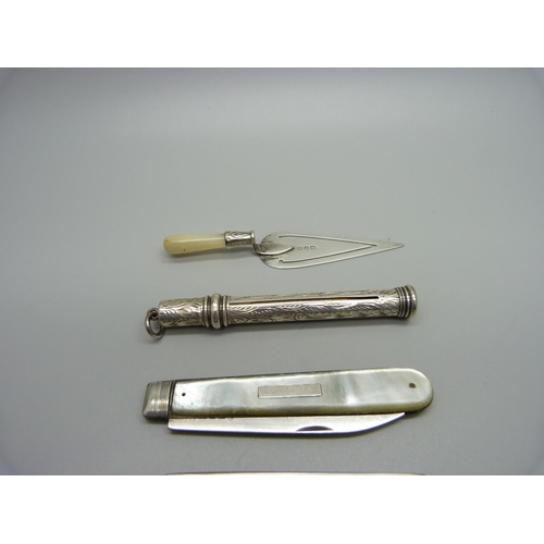 934 - A Victorian silver bookmark, a silver pencil holder, a/f, two silver and mother of pearl penknives a... 