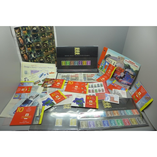 967 - Ten Royal Mail stamp booklets, three PHQ packs and a folder of mint stamps including first and secon... 