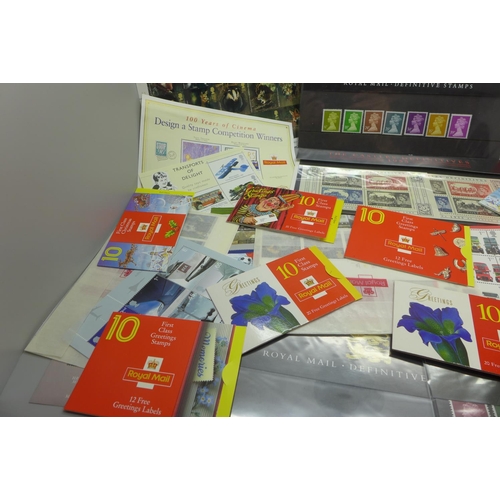 967 - Ten Royal Mail stamp booklets, three PHQ packs and a folder of mint stamps including first and secon... 