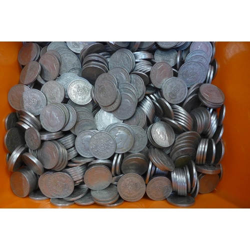 990 - A tub of old two-shilling pieces, post 1947, approximately 10kg