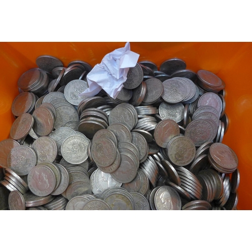 990 - A tub of old two-shilling pieces, post 1947, approximately 10kg